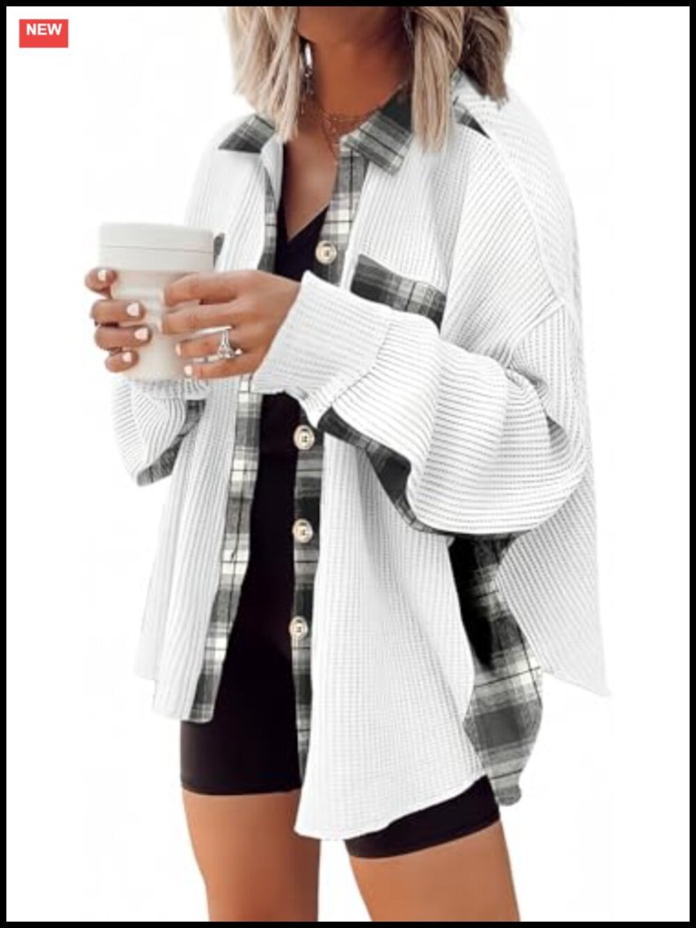 Waffle Knit Plaid Shacket Button Down Lightweight Jacket